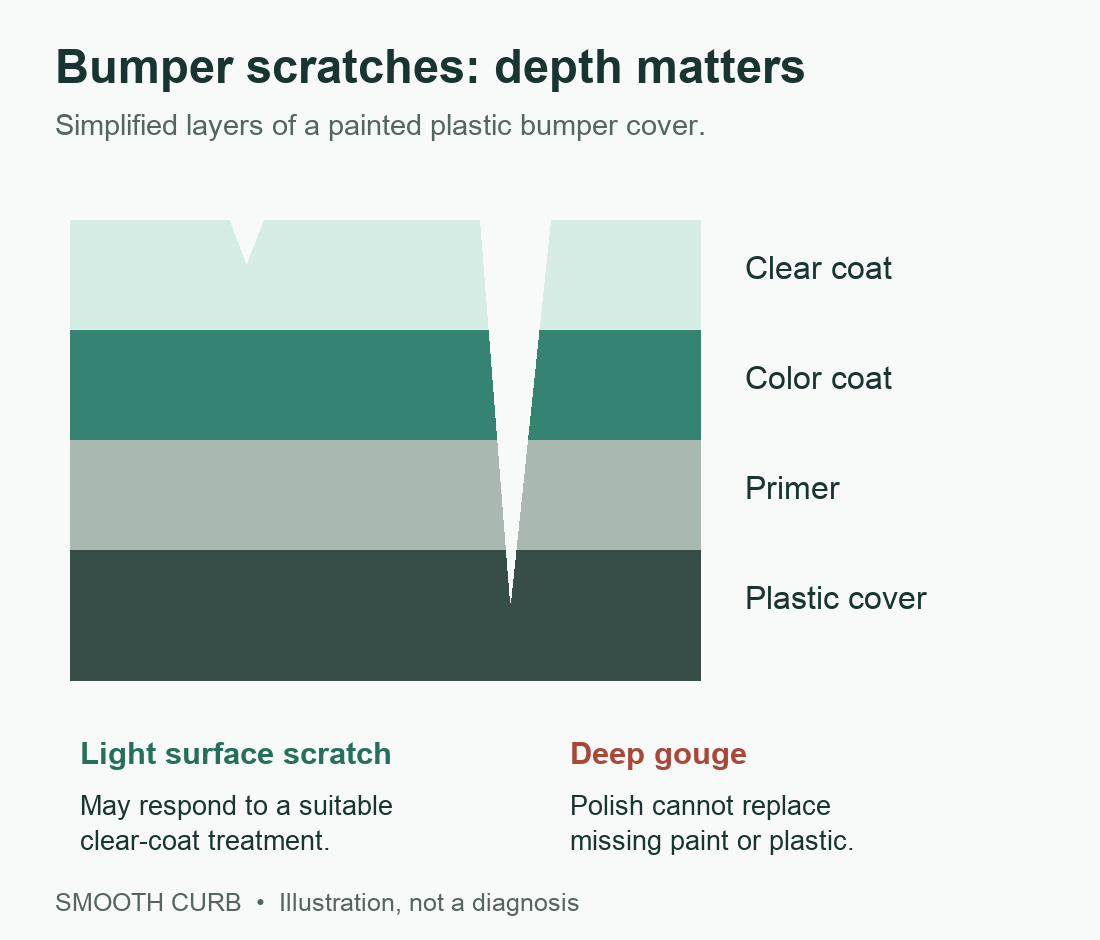 Illustrated paint and plastic layers showing why a shallow clear-coat scratch differs from a deep gouge