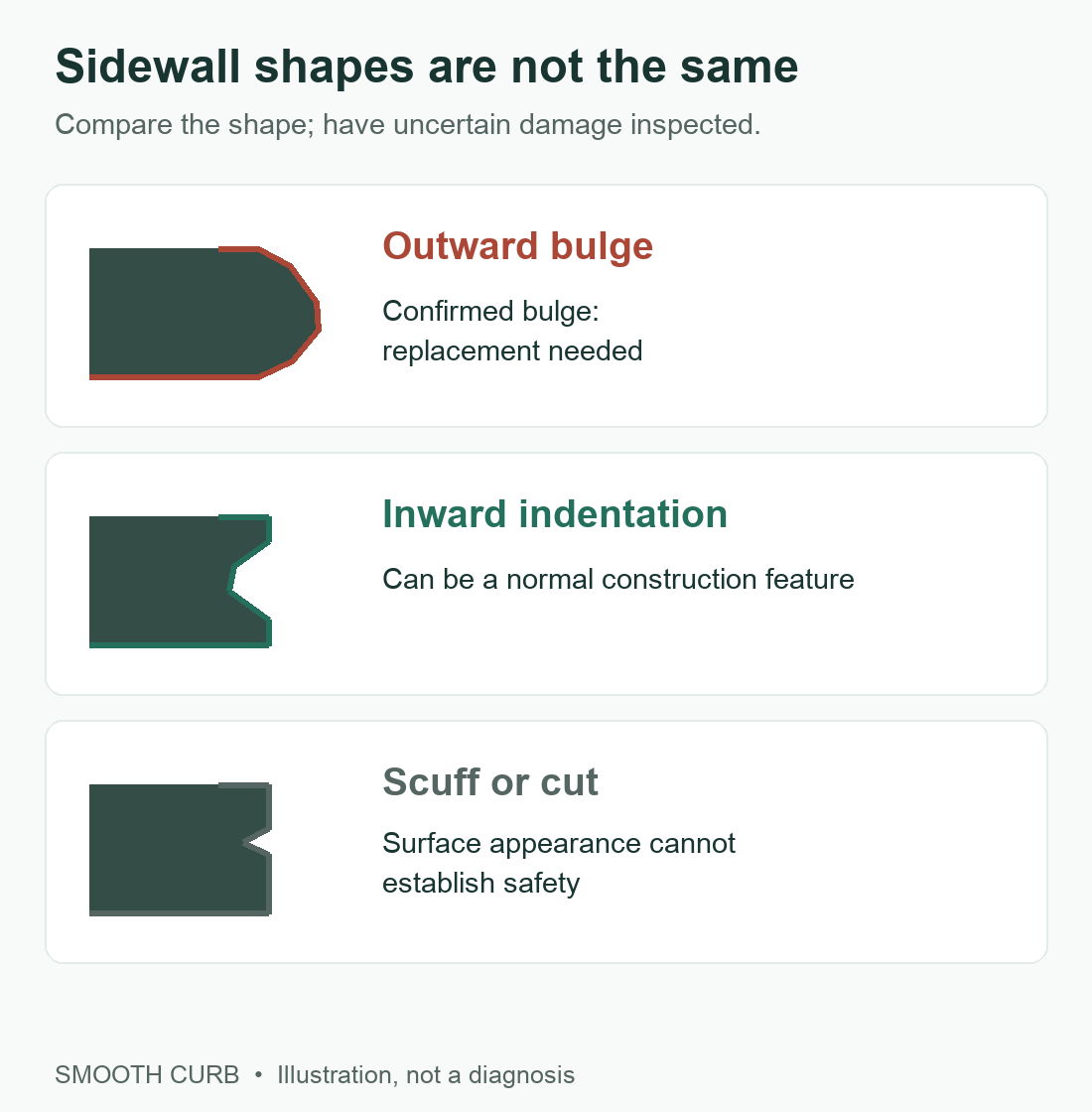 Illustrated Comparison Of An Outward Tire Bulge Inward Indentation And Surface Scuff Or Cut Three illustrated profiles comparing an outward bulge, inward indentation and surface scuff or cut