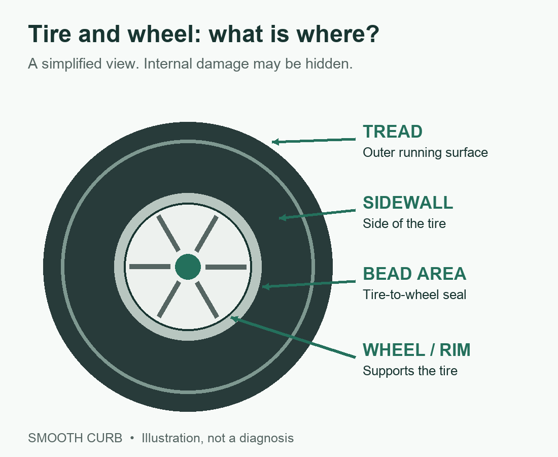 Illustration Identifying The Tire Tread Sidewall Bead Area And Wheel Rim Labeled tire illustration showing where the tread, sidewall and bead meet the wheel